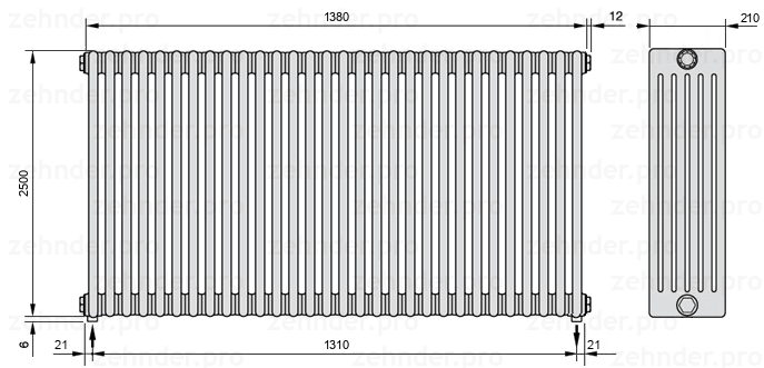 Схема (чертеж) Радиатор Zehnder Charleston 6250/30 №3570 Белый глянцевый RAL 9016